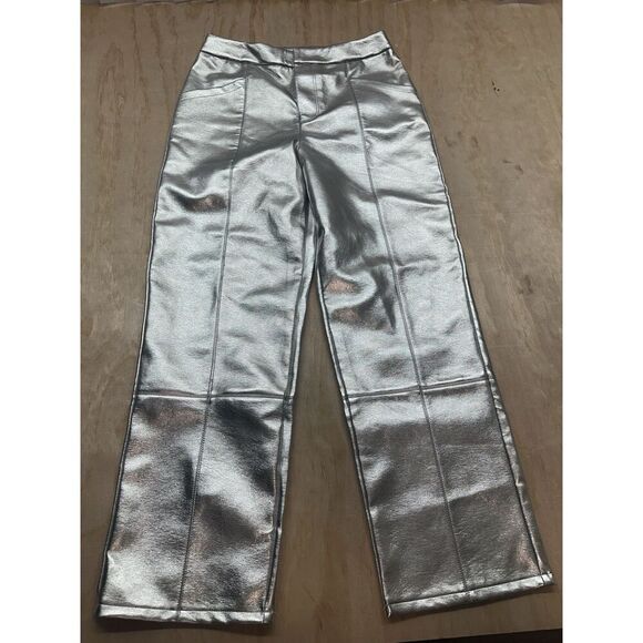 Avec Les Filles Metallic Silver Faux Leather High Waist Pants Size M - Picture 1 of 5